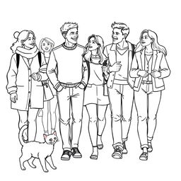 line art illustration of people walking and interacting with each other, featuring a playful cat