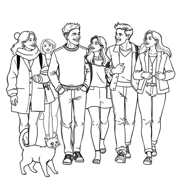 line art illustration of people walking and interacting with each other, featuring a playful cat