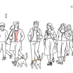 line art illustration of people walking and interacting with each other, featuring a playful cat