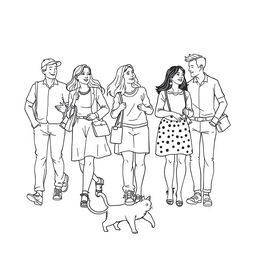 line art illustration of people walking and interacting with each other, featuring a playful cat