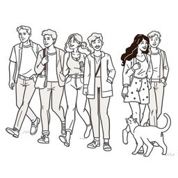 line art illustration of people walking and interacting with each other, featuring a playful cat