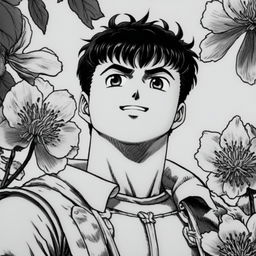 A pencil-drawn black and white profile picture of a smiling Guts from Berserk amidst a background of beautifully detailed flowers.