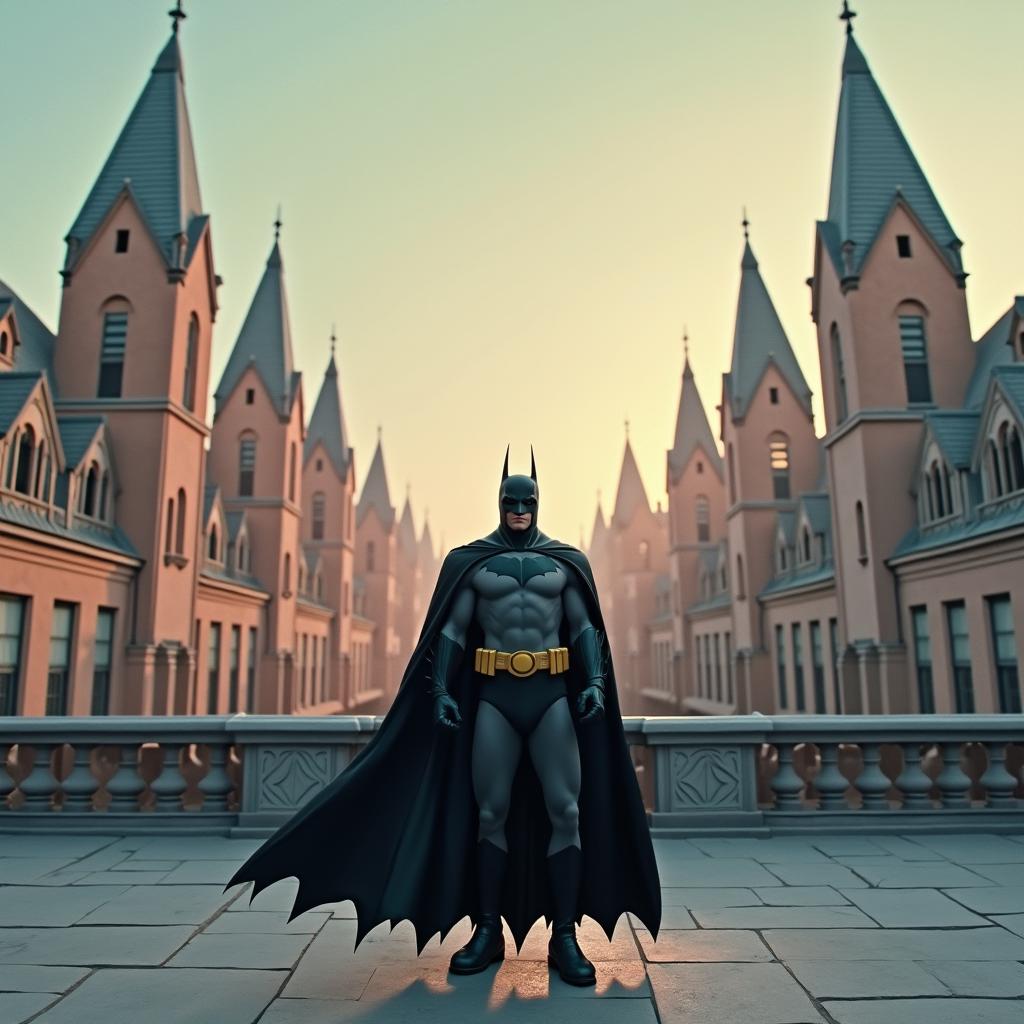 A Batman scene envisioned in the style of Wes Anderson