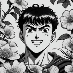 A pencil-drawn black and white profile picture of a smiling Guts from Berserk amidst a background of beautifully detailed flowers.