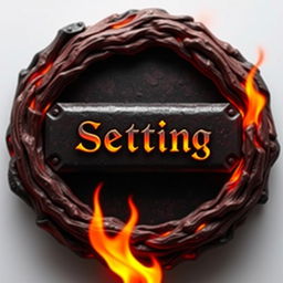 A "Setting" button for a game themed around hell, featuring demonic and fiery elements, dark red and black color palette