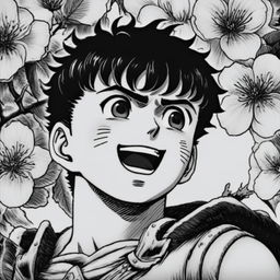 A pencil-drawn black and white profile picture of a smiling Guts from Berserk amidst a background of beautifully detailed flowers.