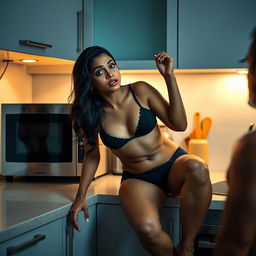 A dusky Indian woman with captivating features sits on a kitchen shelf, clad in a bra and panties