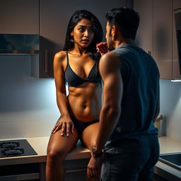 A dusky Indian woman with captivating features sits on a kitchen shelf, clad in a bra and panties