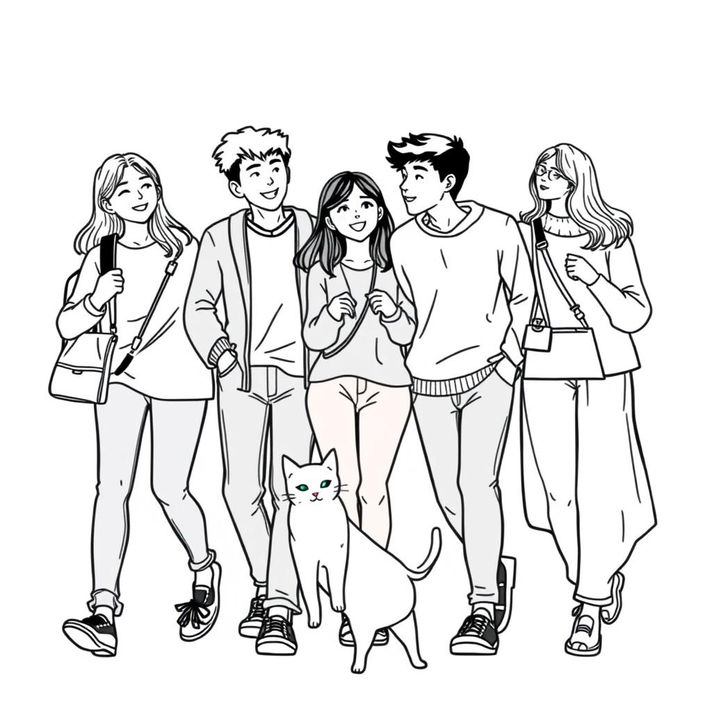 line art illustration of young adults walking and interacting with each other, featuring an Asian facial appearance