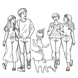 line art illustration of young adults walking and interacting with each other, featuring an Asian facial appearance