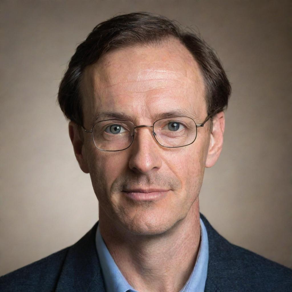 Depict a portrait of a man named Steven Wolfe. He carries a genial demeanor, his eyes revealing intelligence and kindness. He could have distinguishing features, such as spectacles or a favorite outfit.