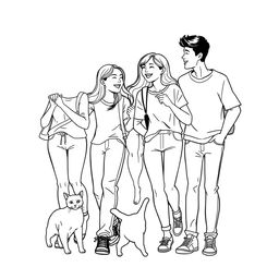 line art illustration of young adults walking and interacting with each other, featuring an Asian facial appearance