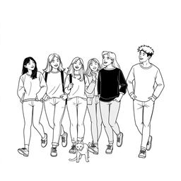 line art illustration of young adults walking and interacting with each other, featuring an Asian facial appearance