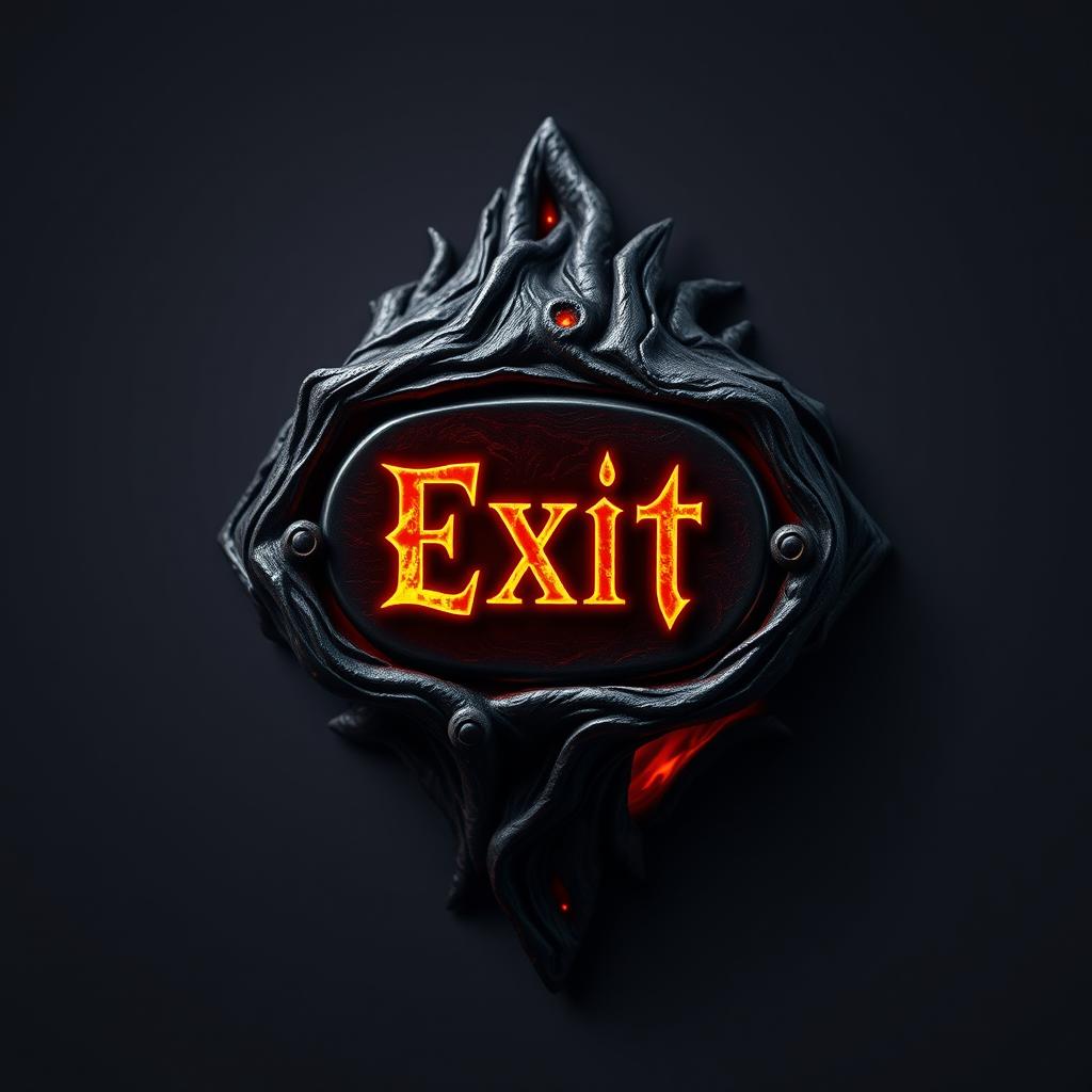 An "Exit" button for a game themed around hell, featuring demonic and fiery elements, with a dark red and black color palette