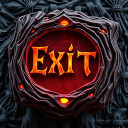 An "Exit" button for a game themed around hell, featuring demonic and fiery elements, with a dark red and black color palette