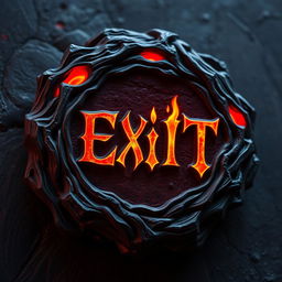 An "Exit" button for a game themed around hell, featuring demonic and fiery elements, with a dark red and black color palette