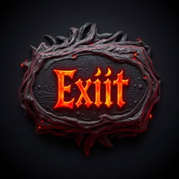 An "Exit" button for a game themed around hell, featuring demonic and fiery elements, with a dark red and black color palette