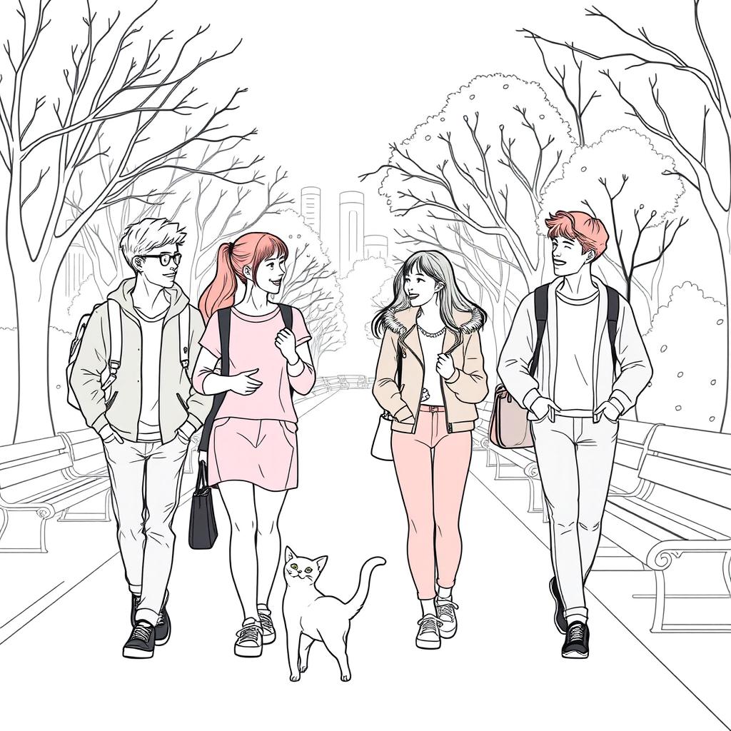 line art illustration of young adults walking and interacting with each other, featuring an Asian facial appearance, in a city park setting