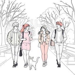 line art illustration of young adults walking and interacting with each other, featuring an Asian facial appearance, in a city park setting