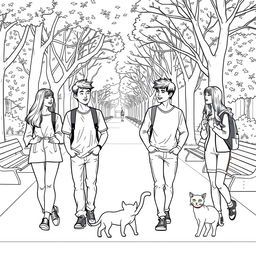 line art illustration of young adults walking and interacting with each other, featuring an Asian facial appearance, in a city park setting