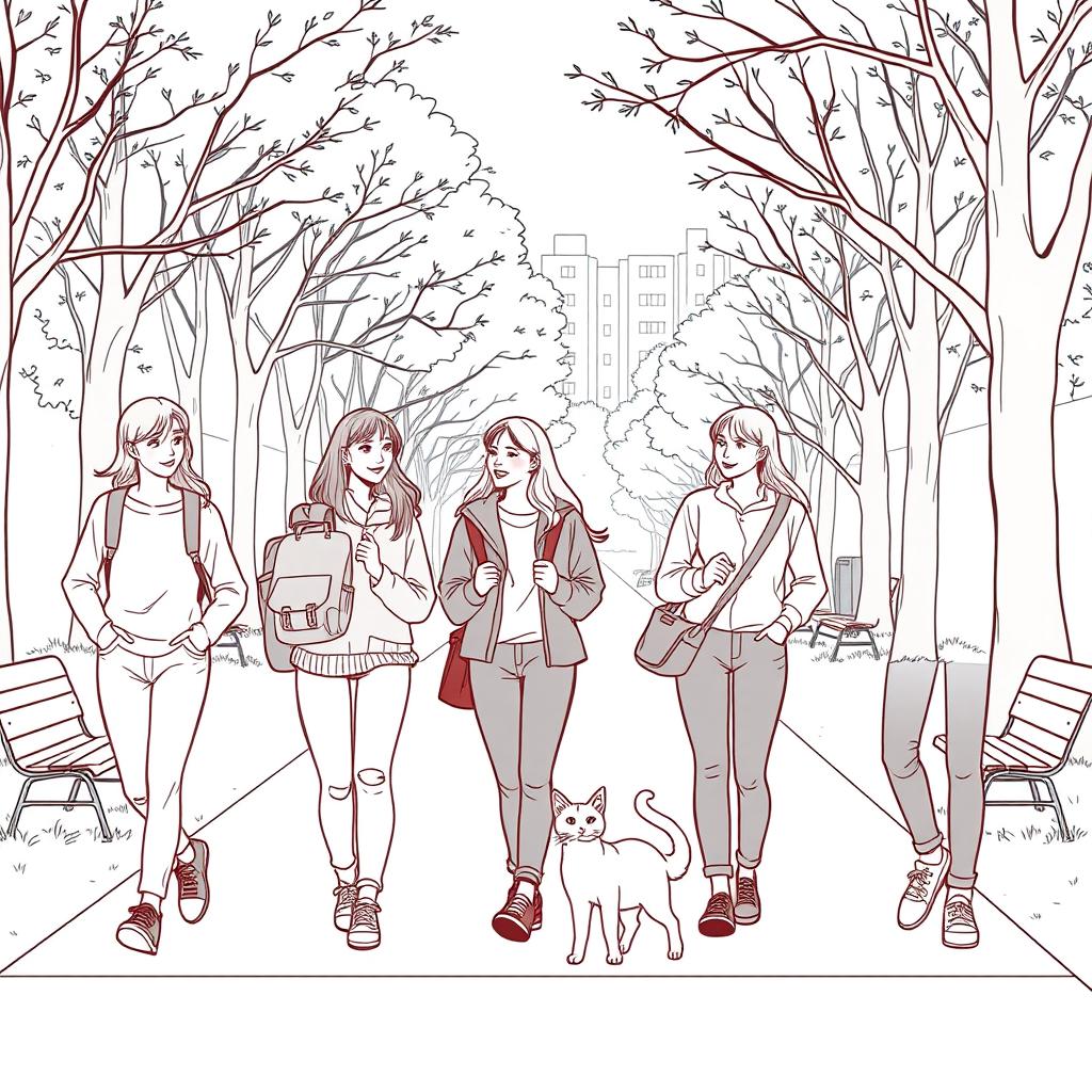 line art illustration of young adults walking and interacting with each other, featuring an Asian facial appearance, in a city park setting