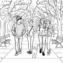 line art illustration of young adults walking and interacting with each other, featuring an Asian facial appearance, in a city park setting