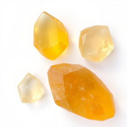 Citrine crystals in both polished and raw forms artfully arranged on a pristine white backdrop