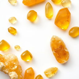 Citrine crystals in both polished and raw forms artfully arranged on a pristine white backdrop