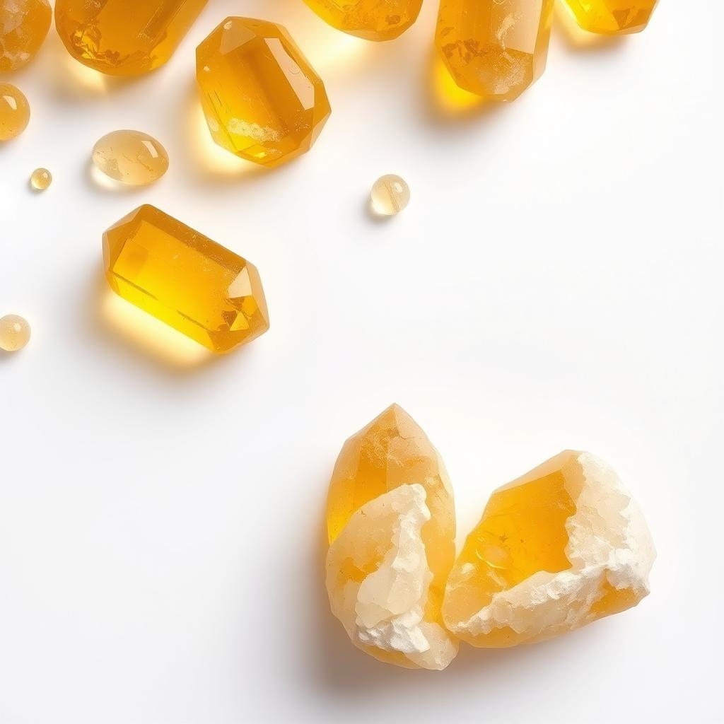 Citrine crystals in both polished and raw forms artfully arranged on a pristine white backdrop