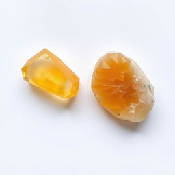 Citrine crystals in both polished and raw forms artfully arranged on a pristine white backdrop