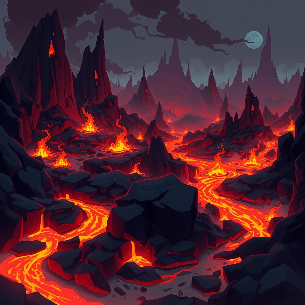 A 2D game background set in the depths of hell