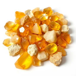 A pile of Citrine crystals, featuring both polished and raw forms, elegantly displayed on a pristine white backdrop