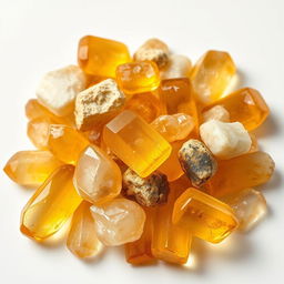 A pile of Citrine crystals, featuring both polished and raw forms, elegantly displayed on a pristine white backdrop