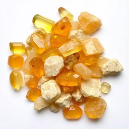 A pile of Citrine crystals, featuring both polished and raw forms, elegantly displayed on a pristine white backdrop