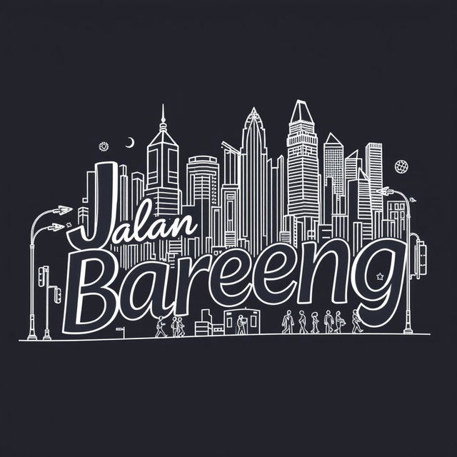 line art illustration featuring the words "Jalan Bareng" intertwined with elements related to the city