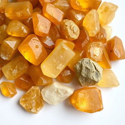 A pile of Citrine crystals, featuring both polished and raw forms, elegantly displayed on a pristine white backdrop