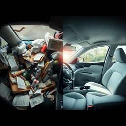 A visually split image of a car's interior showcasing a dynamic contrast