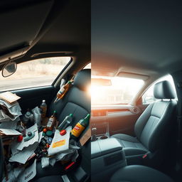 A visually split image of a car's interior showcasing a dynamic contrast