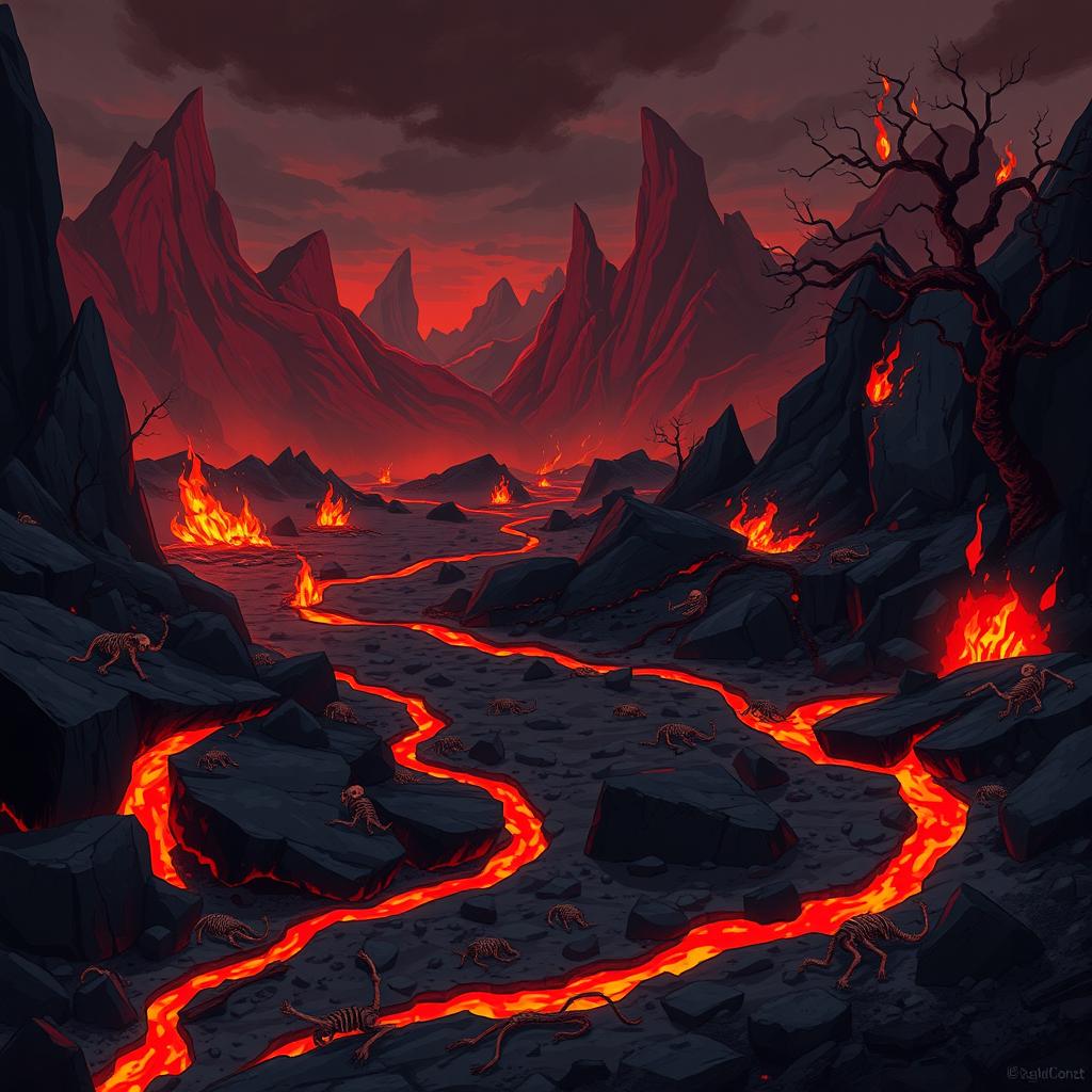 A 2D game background set in the depths of hell, featuring a fiery and ominous landscape