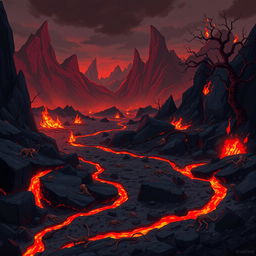 A 2D game background set in the depths of hell, featuring a fiery and ominous landscape