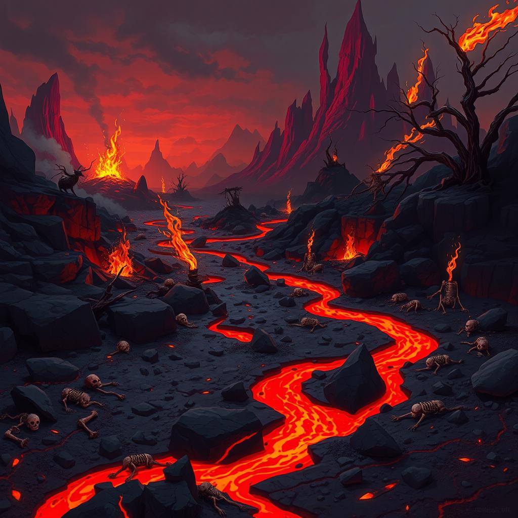 A 2D game background set in the depths of hell, featuring a fiery and ominous landscape