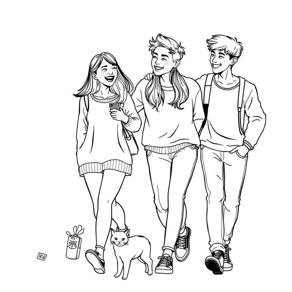 line art illustration of young adults, aged 18-25, engaging in a carefree and fun interaction, showcasing Asian facial features