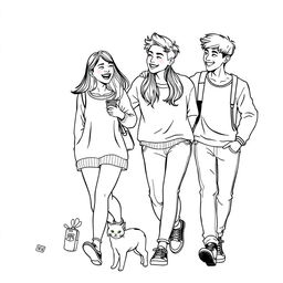 line art illustration of young adults, aged 18-25, engaging in a carefree and fun interaction, showcasing Asian facial features