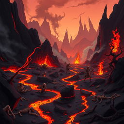 A 2D game background set in the depths of hell, featuring a fiery and ominous landscape