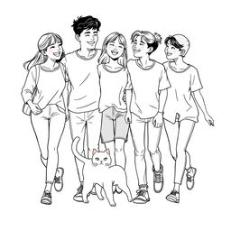 line art illustration of young adults, aged 18-25, engaging in a carefree and fun interaction, showcasing Asian facial features