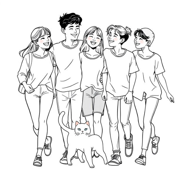 line art illustration of young adults, aged 18-25, engaging in a carefree and fun interaction, showcasing Asian facial features