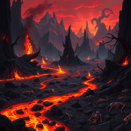 A 2D game background set in the depths of hell, featuring a fiery and ominous landscape