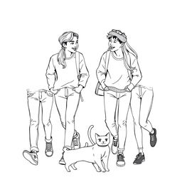 line art illustration of young adults, aged 18-25, engaging in a carefree and fun interaction, showcasing Asian facial features