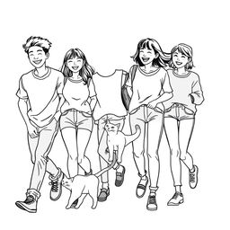 line art illustration of young adults, aged 18-25, engaging in a carefree and fun interaction, showcasing Asian facial features