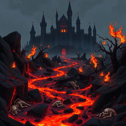 A 2D game background set in the depths of hell, featuring a fiery and ominous landscape